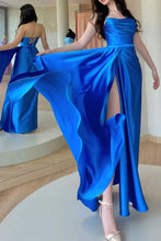 Simple A Line Satin Royal Blue Strapless Long Prom Dress With Slit, Evening Dresses GJS754