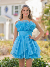 Blue A-Line Strapless Pleated Short Tiered Homecoming Dress