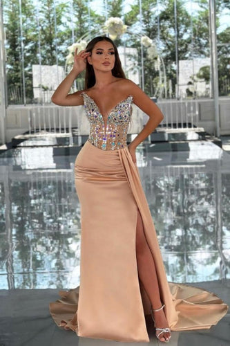 Amazing Column Satin V-Neck Sleeveless Prom Dress With Beading