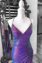 Anara | Purple Iridescent Sequins V Neck Lace-Up Mermaid Long Prom Dress with Slit