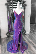 Anara | Purple Iridescent Sequins V Neck Lace-Up Mermaid Long Prom Dress with Slit