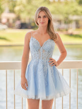 A-Line Spaghetti-Straps Sky Blue Lace Homecoming Dress With Appliques