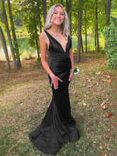 Anwea | Plunge Blue Satin Ruched Mermaid Prom Dress