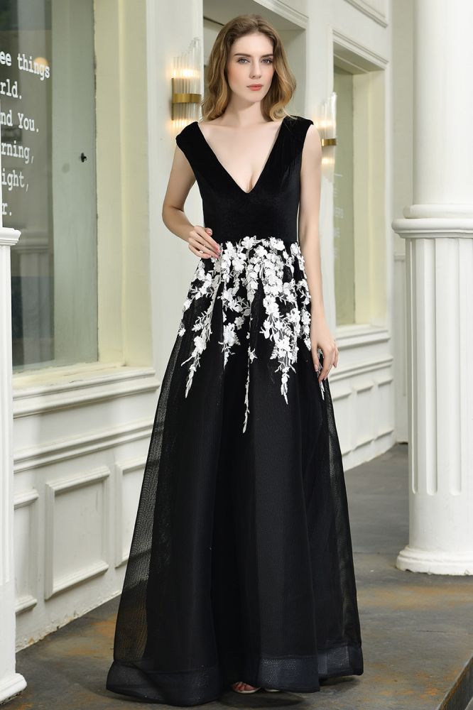 Attractive Black V-neck Aline Prom Dress White Floral Appliques Tulle Party Dress – Anna PromDress