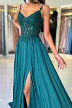 Attractive Long Green A-line Spaghetti Straps Lace Prom Dress with Slit