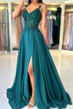 Attractive Long Green A-line Spaghetti Straps Lace Prom Dress with Slit