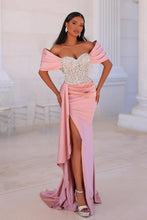 Attractive Long Pink Mermaid Off-the-shoulder Lace Beading Prom Dress with Slit