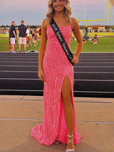 Aurum | Scoop Neck Hot Pink Mermaid Sequins Long Prom Dresses with Beading