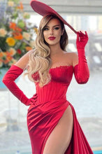 Stunning Red Long Mermaid Off-the-Shoulder Evening Prom Dress with Slit