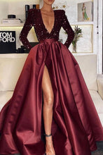 Long Sleeves Mermaid V-Neck Sequins Satin Prom Dress with Split