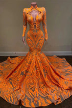 High Neck Mermaid Orange Prom Dress with Long Sleeves Sequins Lace