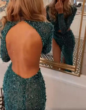 Sexy Long Sleeves Mermaid High Neck Sequined Formal Prom Dresses with Slit