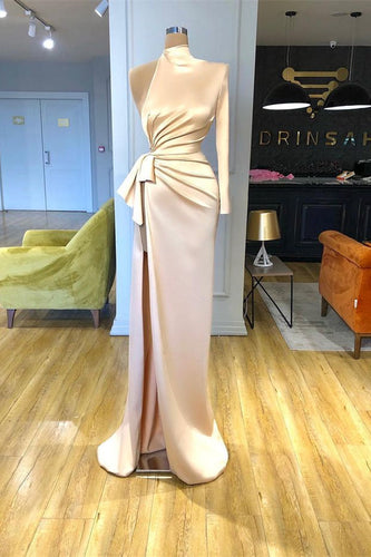 High Neck One Shoulder Long Sleeves Mermaid Prom Dress with Split