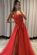 Spaghetti Straps A Line Tulle Long Prom Dress with Slit and Appliques Lace