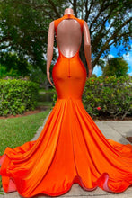Orange Long V Neckline Sleeveless Beads Mermaid Backless Prom Dresses