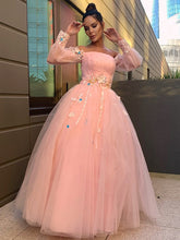 Ball Gown Hand-Made Flower Tulle Long Sleeves Off-the-Shoulder Floor-Length Prom Dresses