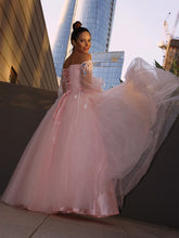 Ball Gown Hand-Made Flower Tulle Long Sleeves Off-the-Shoulder Floor-Length Prom Dresses