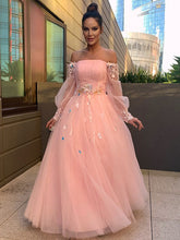 Ball Gown Hand-Made Flower Tulle Long Sleeves Off-the-Shoulder Floor-Length Prom Dresses