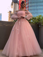 Ball Gown Hand-Made Flower Tulle Long Sleeves Off-the-Shoulder Floor-Length Prom Dresses