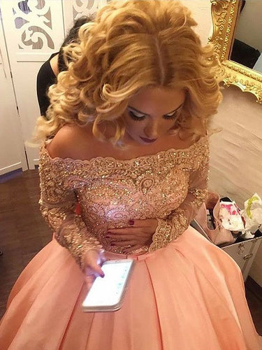 Ball Gown Long Sleeves Off-the-Shoulder Beading Satin Court Train Prom Dresses