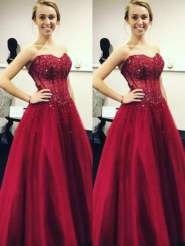 Ball Gown Sleeveless Sweetheart Beading Floor-Length Satin Prom Dresses