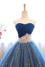 Ball Gown Strapless Embroidery Pearl Dark Blue Formal Prom Dresses