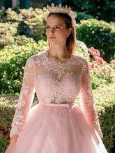 Ball Gown Tulle Scoop Lace Long Sleeves Prom Dresses