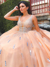Ball Gown Tulle V-neck Beading Sleeveless Floor-Length Prom Dresses