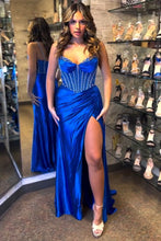 Barbie | Glitter Royal Blue Satin Mermaid Spaghetti Straps Long Corset Prom Dress with Beading