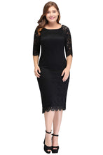 Bateau Tea Length Mermaid Plus size Lace Black Evening Dresses with sleeves