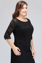 Bateau Tea Length Mermaid Plus size Lace Black Evening Dresses with sleeves
