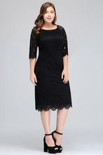 Bateau Tea Length Mermaid Plus size Lace Black Evening Dresses with sleeves