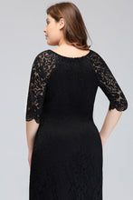 Bateau Tea Length Mermaid Plus size Lace Black Evening Dresses with sleeves