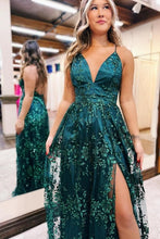 Beautiful A-Line Lace V-Neck Sleeveless Prom Dress With Appliques Split