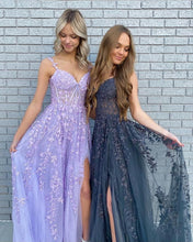 Beautiful A Line Spaghetti Straps Sweetheart  Tulle Prom Dresses with Appliques & Slit GJS740