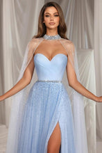 Beautiful A-Line Tulle Sweetheart Sleeveless Blue Prom Dresses With Ruffles Split