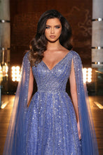 Beautiful Blue Long A-line V-neck Beading Evening Dress With Ruffles