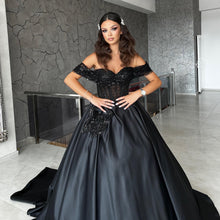 Beautiful Floor Length Sweetheart Off-The-Shoulder A-Line Satin Black Prom Dress with Beads