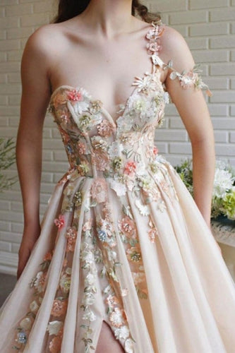 Beautiful Long A-line One Shoulder Flowers Evening Dresses With Slit