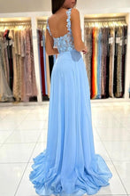 Beautiful Long Blue Simple Straps Appliques Sleeveless Evening Dresses With Slit