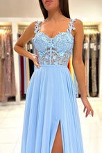 Beautiful Long Blue Simple Straps Appliques Sleeveless Evening Dresses With Slit