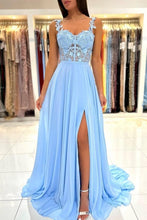 Beautiful Long Blue Simple Straps Appliques Sleeveless Evening Dresses With Slit
