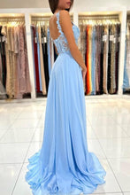 Beautiful Long Blue Simple Straps Appliques Sleeveless Evening Dresses With Slit