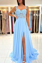 Beautiful Long Blue Simple Straps Appliques Sleeveless Evening Dresses With Slit