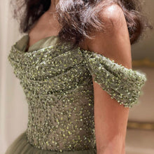Beautiful Long Green A-line Off-the-shoulder Sequined Beading Prom Dress