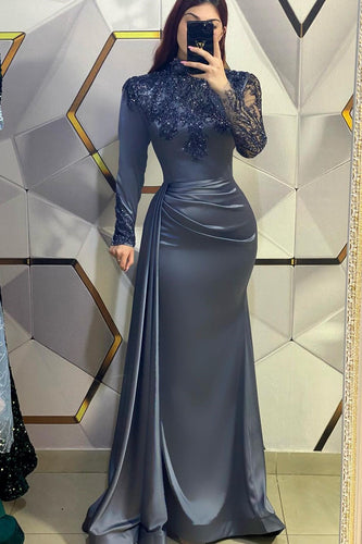 Beautiful Long Mermaid High Neck Sequined Prom Dress With Long Sleeves