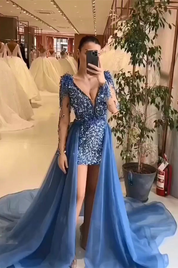 Beautiful Mini V-Neck Long Sleeveless Sheath Sequined Prom Dress with Court Train