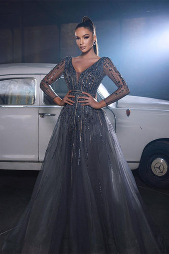 Beautiful Sequined V-neck A-line Sleeveless Prom Dress With Long Sleeves