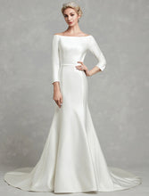 Casual Wedding Dresses Mermaid / Trumpet Off Shoulder 3/4 Length Sleeve Chapel Train Satin Bridal Gowns With Pleats