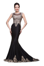 Black Crew Sweep-length Appliqued Mermaid Prom Dresses